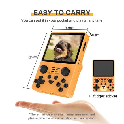 POWKIDDY RGB20S Handheld Retro Game Console with IPS Screen in orange showing 3.5-inch IPS display, dimensions 120x83x21mm and portable design
