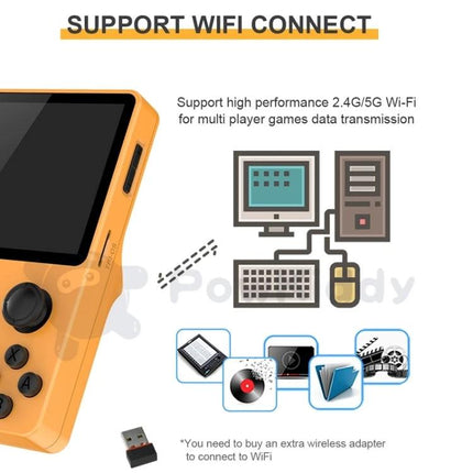 POWKIDDY RGB20S Handheld Retro Game Console with IPS Screen showing Wi‑Fi support, TF card storage and USB wireless adapter for portable retro gaming