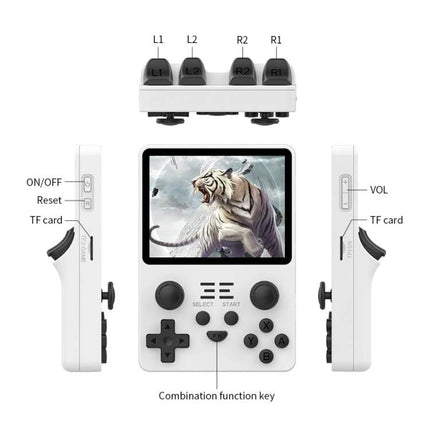 POWKIDDY RGB20S Handheld Retro Game Console with IPS Screen front view showing buttons, screen tiger artwork and TF card slots