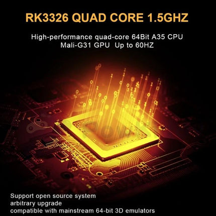 POWKIDDY RGB20S Handheld Retro Game Console with IPS Screen showing RK3326 quad-core 1.5GHz chip and performance features