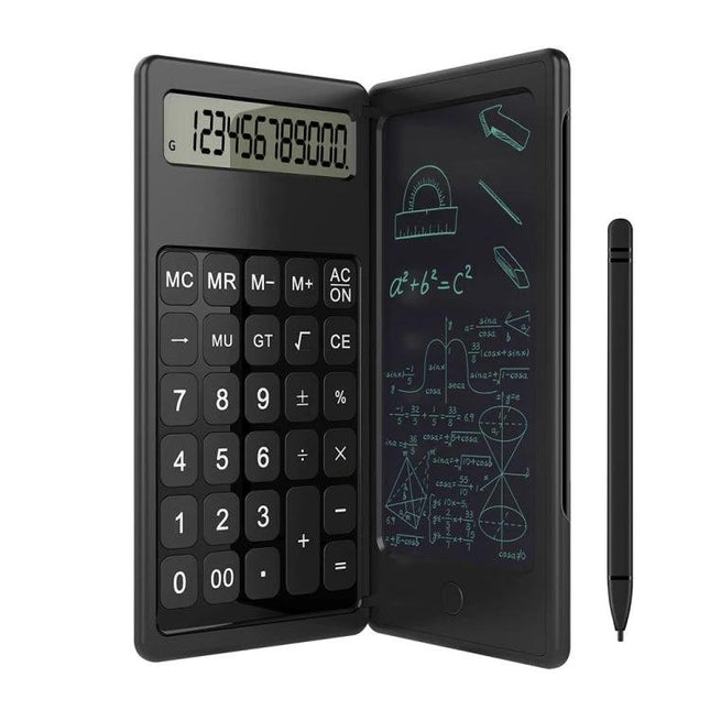 Portable Foldable LCD Writing Tablet for Office Notes and Calculations - black foldable calculator with rewritable LCD note screen and stylus