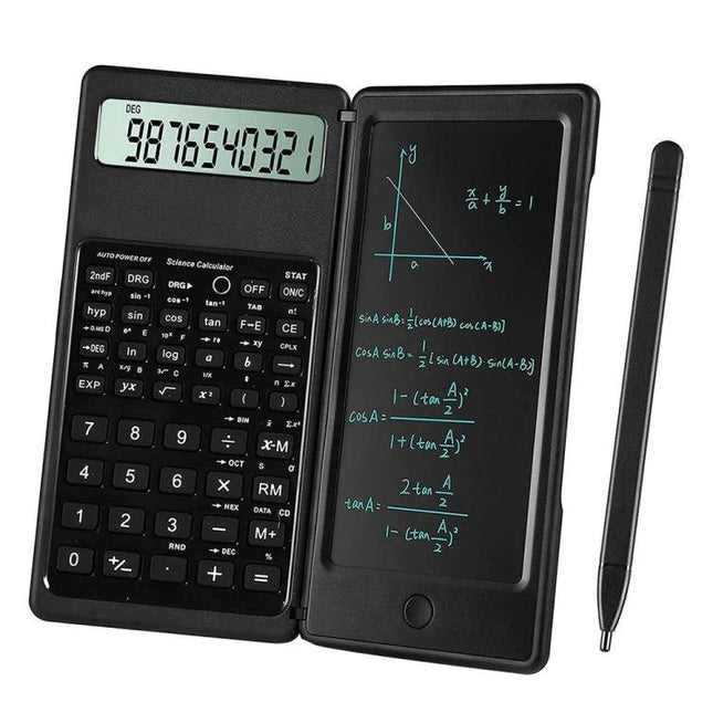 Portable Foldable LCD Writing Tablet for Office Notes and Calculations - black foldable design with built-in calculator and stylus