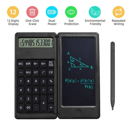 Portable Foldable LCD Writing Tablet for Office Notes and Calculations - black foldable tablet with built-in calculator, stylus and rewritable screen