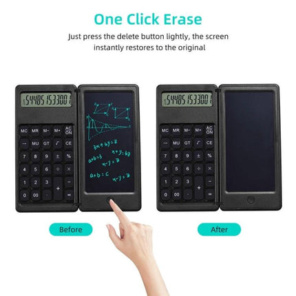 Portable Foldable LCD Writing Tablet for Office Notes and Calculations showing one-click erase before and after with built-in calculator