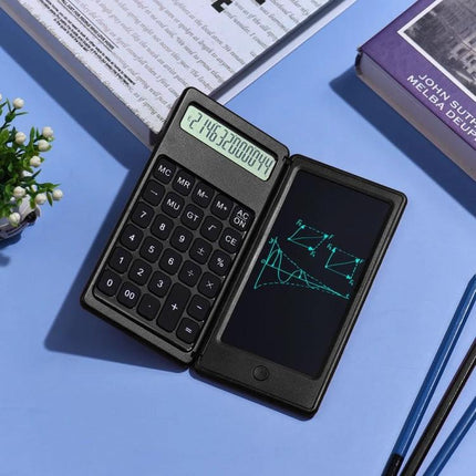 Portable Foldable LCD Writing Tablet for Office Notes and Calculations showing built-in calculator and rewritable screen with math sketches on a desk