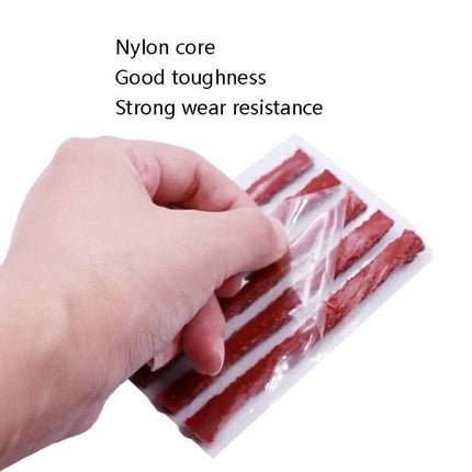 Adhesive Tire Repair Patches for Cars, Motorcycles, and Bikes, 5 Pack – hand holding nylon core butyl rubber tire plug strips for roadside puncture repair