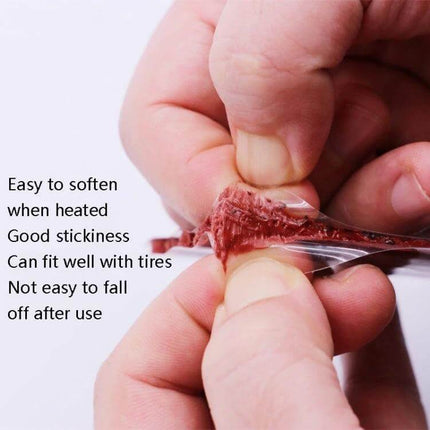 Adhesive Tire Repair Patches for Cars, Motorcycles, and Bikes, 5 Pack - close-up of butyl rubber patch being peeled and softened for tire puncture repair