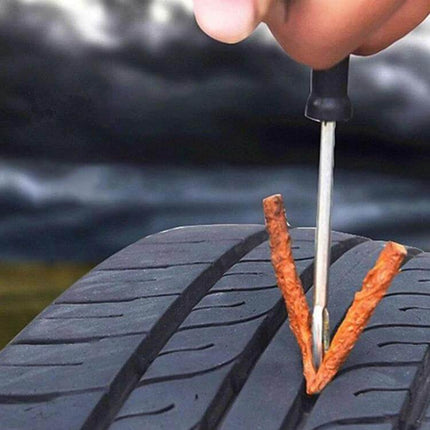 Adhesive Tire Repair Patches for Cars, Motorcycles, and Bikes, 5 Pack - hand inserting plug into punctured tire during roadside repair