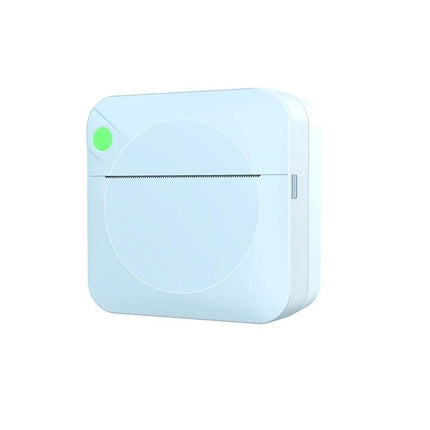 Compact Bluetooth Pocket Printer for Wireless Label Printing showing compact white pocket printer with green power LED and single-slot output