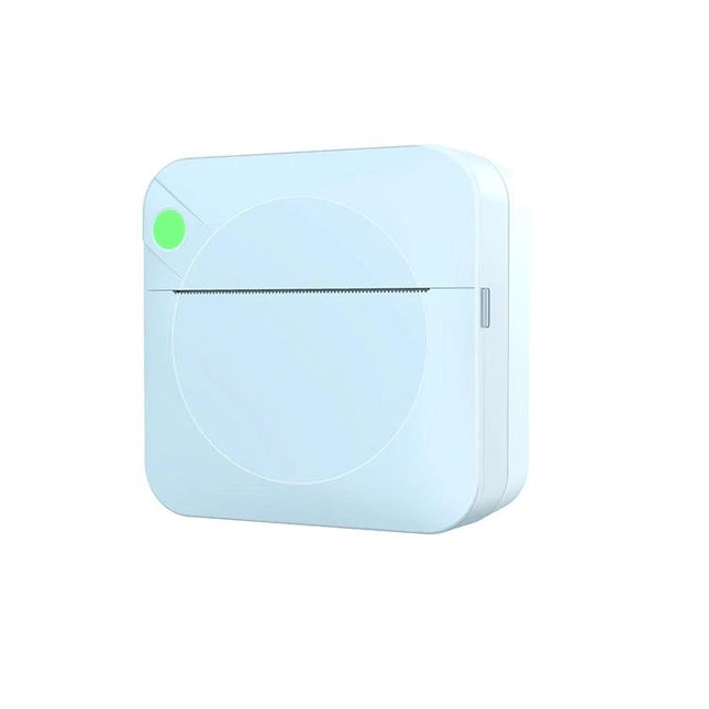 Compact Bluetooth Pocket Printer for Wireless Label Printing showing compact white pocket printer with green power LED and single-slot output