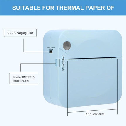 Compact Bluetooth Pocket Printer for Wireless Label Printing in pale blue showing USB port, power/indicator, 2.16-inch cutter and size dimensions
