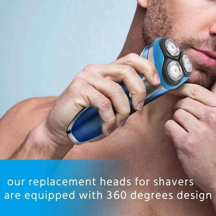 Razor Replacement Head Set for AT PT Series Razors shown with man holding electric shaver and replacement heads for DIY maintenance