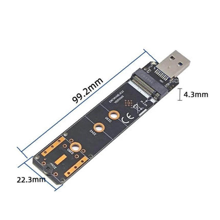 High-Speed USB Adapter for NVMe M.2 Solid State Drives showing USB-A connector and M.2 NVMe slot with measurements
