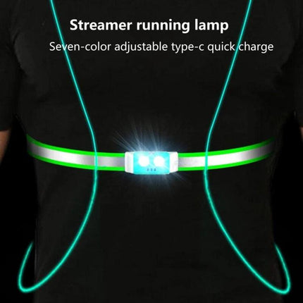 Adjustable USB Rechargeable Running Chest Light Strap with glowing reflective band and central LED for night running and cycling safety