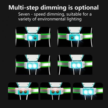 Adjustable USB Rechargeable Running Chest Light Strap shown on torso with multi-step dimming modes and reflective adjustable elastic band