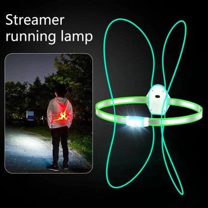 Adjustable USB Rechargeable Running Chest Light Strap glowing green with elastic band and night runner visibility