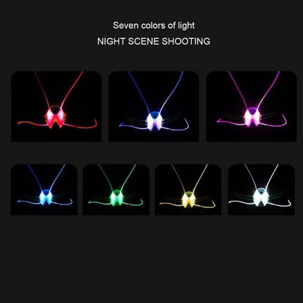 Adjustable USB Rechargeable Running Chest Light Strap showing seven colors of LED light modes on adjustable elastic band for night running and cycling