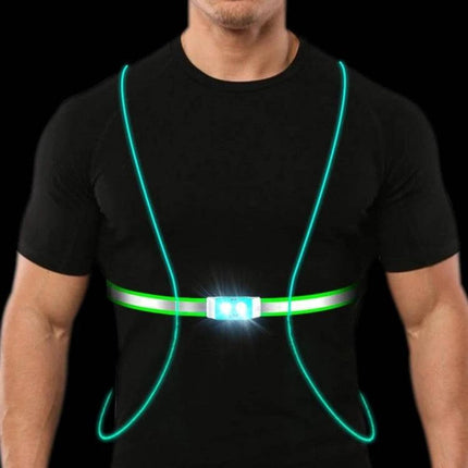 Adjustable USB Rechargeable Running Chest Light Strap shown on runner with bright central LED and reflective adjustable elastic band