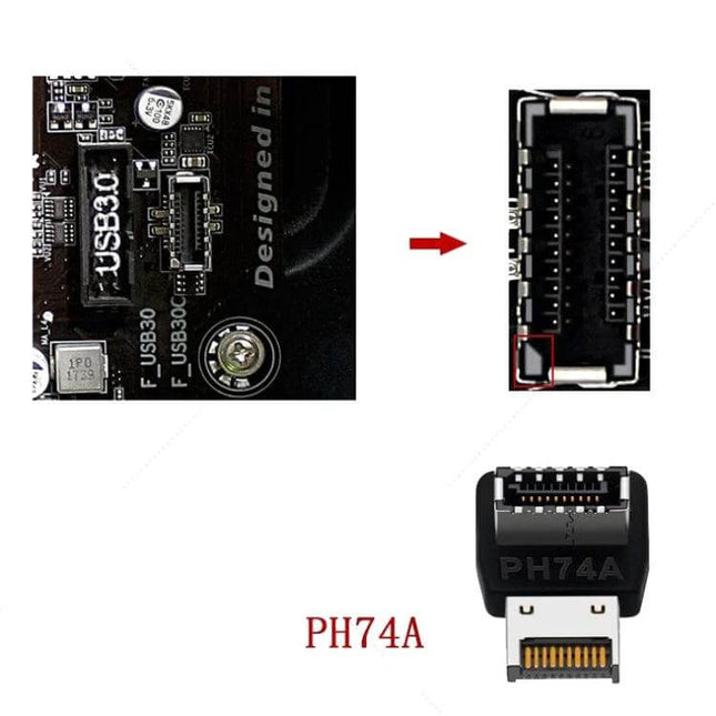 90-Degree USB 3.1 Type-E Adapter for Computer Motherboards angled connector showing motherboard header, cable routing and PH74A plug