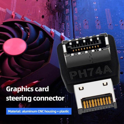 90-Degree USB 3.1 Type-E Adapter for Computer Motherboards shown mounted near a graphics card to route cables neatly and support up to 20Gbps