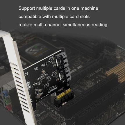 Expansion Card for Adding SATA Ports to Desktop Computers installed in PCIe slot showing multiple SATA connectors for extra storage expansion