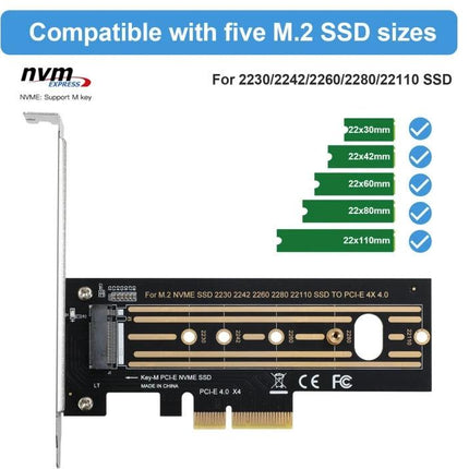 M.2 NVMe SSD Riser Card for PCI-E Slot Expansion in PCs compatible with 2230/2242/2260/2280/22110 M.2 sizes