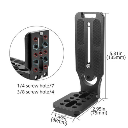 Bexin L-Shaped Camera Quick Release Plate for Versatile Mounting showing dimensions, multiple 1/4 and 3/8 screw holes and rubber pads for stable tripod setup