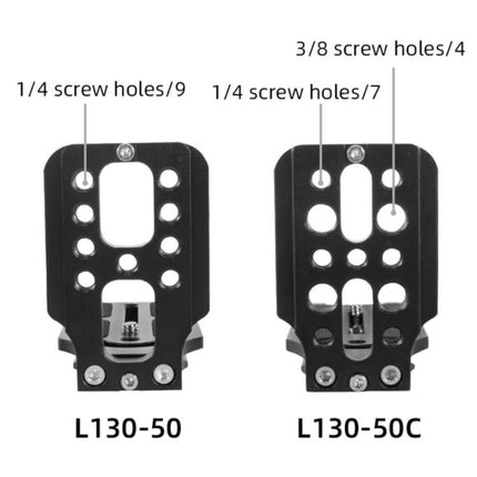 Bexin L-Shaped Camera Quick Release Plate for Versatile Mounting showing L130-50 and L130-50C with multiple 1/4 and 3/8 screw holes