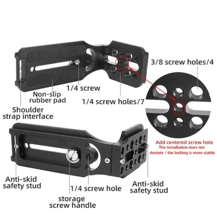 Bexin L-Shaped Camera Quick Release Plate for Versatile Mounting showing anti-skid studs, 1/4 and 3/8 screw holes, rubber pads and strap interface