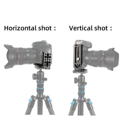 Bexin L-Shaped Camera Quick Release Plate for Versatile Mounting showing horizontal and vertical camera setups on tripod