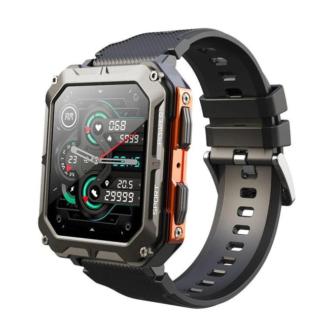 Versatile Smart Watch for Everyday Fitness and Activities with rugged square face, heart-rate, step tracker, sports modes and Bluetooth calling