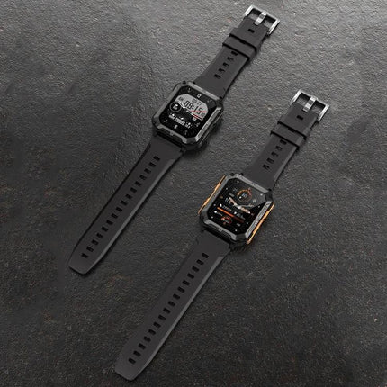 Versatile Smart Watch for Everyday Fitness and Activities showing two rugged black smartwatch models with rubber straps and sport display
