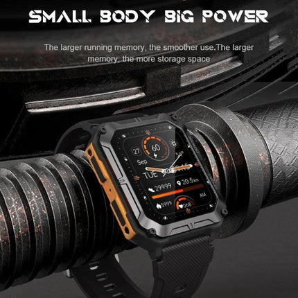 Versatile Smart Watch for Everyday Fitness and Activities showing rugged black and orange smartwatch displaying steps, heart rate, sports modes and Bluetooth calls