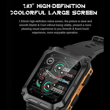 Versatile Smart Watch for Everyday Fitness and Activities - rugged black smartwatch with 1.83" colorful large screen showing heart rate, steps, sports modes