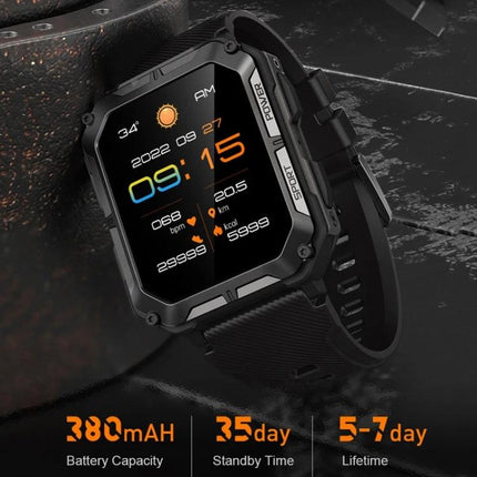 Versatile Smart Watch for Everyday Fitness and Activities showing rugged black smartwatch display with step, heart rate, and Bluetooth call icons