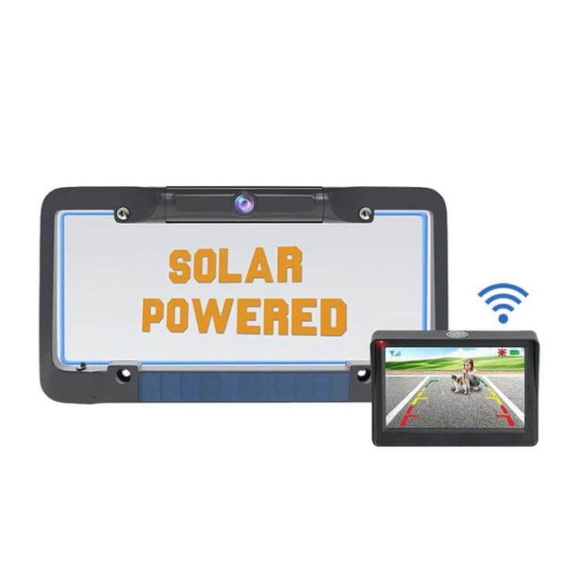 Wireless Solar Reversing Camera for Vehicle Backup Safety showing solar-powered license plate camera with wireless monitor and parking guide