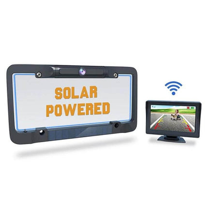 Wireless Solar Reversing Camera for Vehicle Backup Safety showing solar-powered license plate camera and wireless monitor display