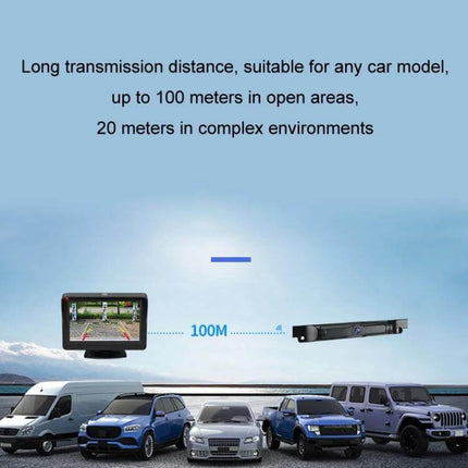 Wireless Solar Reversing Camera for Vehicle Backup Safety showing long transmission distance up to 100m with monitor and multiple car models