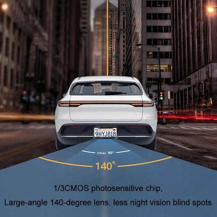Wireless Solar Reversing Camera for Vehicle Backup Safety showing rear view with 140° wide-angle coverage and parking guidance