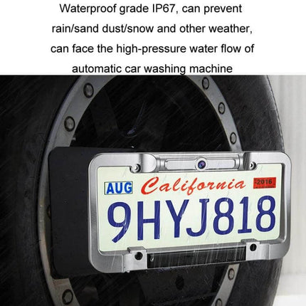 Wireless Solar Reversing Camera for Vehicle Backup Safety showing solar-powered waterproof license plate camera mounted on a vehicle in rain