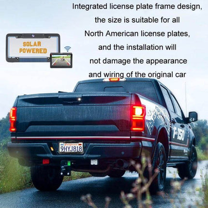 Wireless Solar Reversing Camera for Vehicle Backup Safety mounted in license plate frame on pickup truck rear view, solar powered wireless backup camera