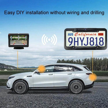 Wireless Solar Reversing Camera for Vehicle Backup Safety mounted on license plate showing wireless feed to in-dash monitor for easy DIY installation