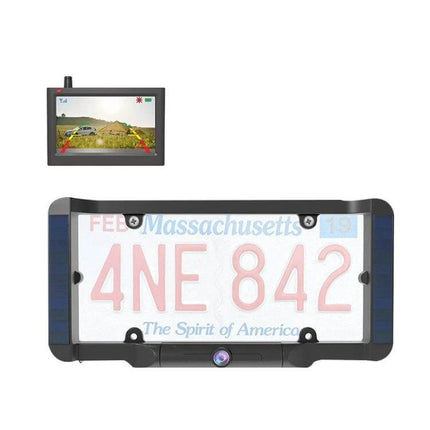 Solar Powered Wireless License Plate Reversing Camera mounted on license plate with separate monitor display for parking and reversing safety