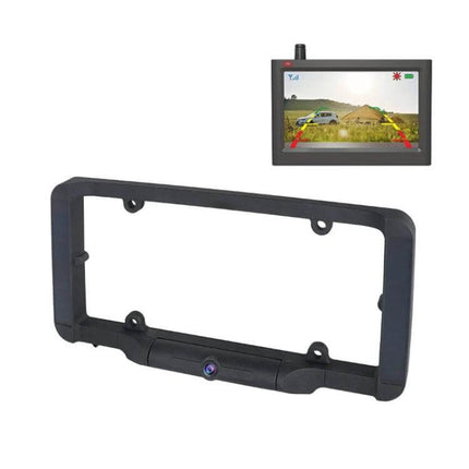Solar Powered Wireless License Plate Reversing Camera mounted in black license plate frame with separate monitor showing backup view