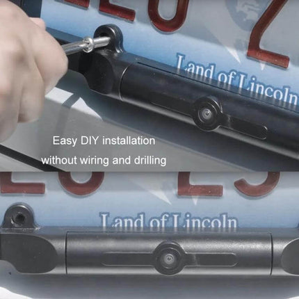 Solar Powered Wireless License Plate Reversing Camera mounted on license plate showing easy DIY installation without wiring or drilling