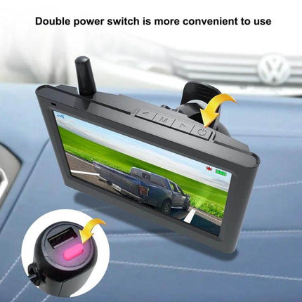 Solar Powered Wireless License Plate Reversing Camera mounted monitor showing rear view with double power switch and USB port