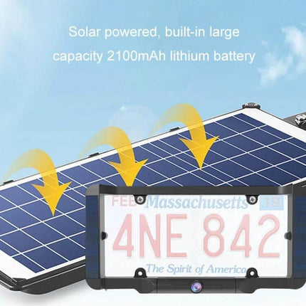 Solar Powered Wireless License Plate Reversing Camera mounted on plate with solar panel and 2100mAh battery for clear rear view