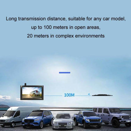Solar Powered Wireless License Plate Reversing Camera showing 100m wireless transmission range with license plate camera and monitor over multiple cars