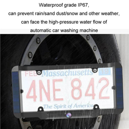Solar Powered Wireless License Plate Reversing Camera mounted on license plate showing weatherproof IP67 protection and camera lens