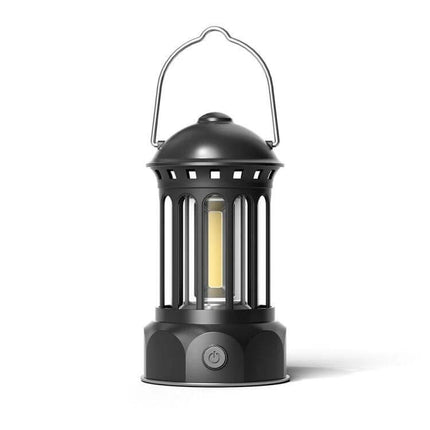 COB Battery Camping Lamp Small for Tents and Outdoors black lantern-style COB battery camping lamp with handle and 16-core warm white light